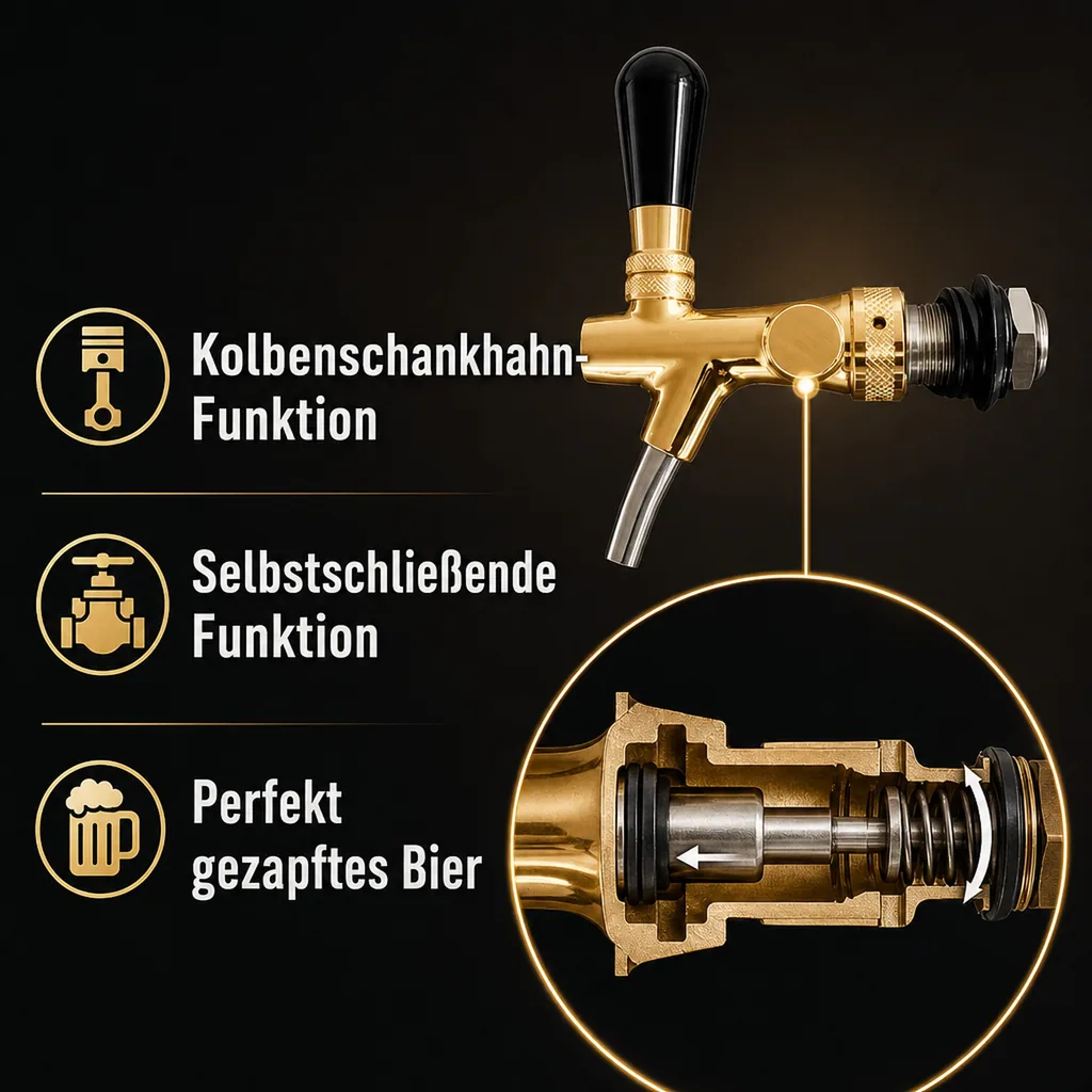 Zapfhahn, Bierzapfhahn, Schankhahn, Kolbenschankhahn - vergoldet, Gewindelänge: 55 mm