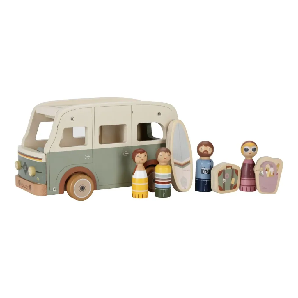 Little Dutch Wohnmobil Holzspielzeug, Vintage-Camper: Spielset mit Figuren, Koffer & Surfbrett - Fördert Fantasie & Rollenspiel