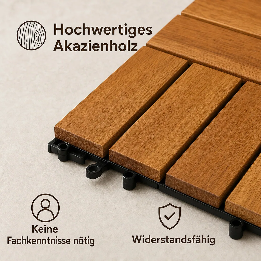 Terrassenfliesen Akazienholz, Mosaik Click, 30x30x2,4 cm, Holzfliesen Terrasse