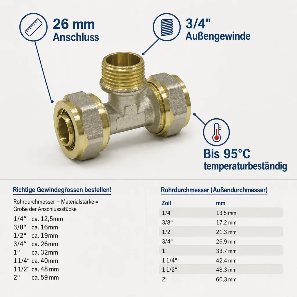 Schraubfitting Heizung, T-Stück Außengewinde, Schraubfitting 26 mm