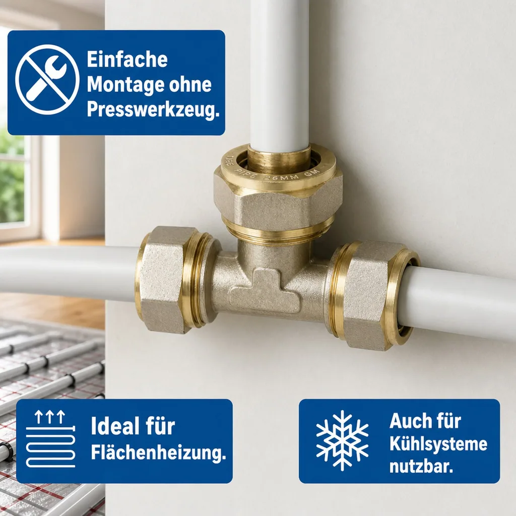 Schraubfitting Installation, T-Stück 26mm