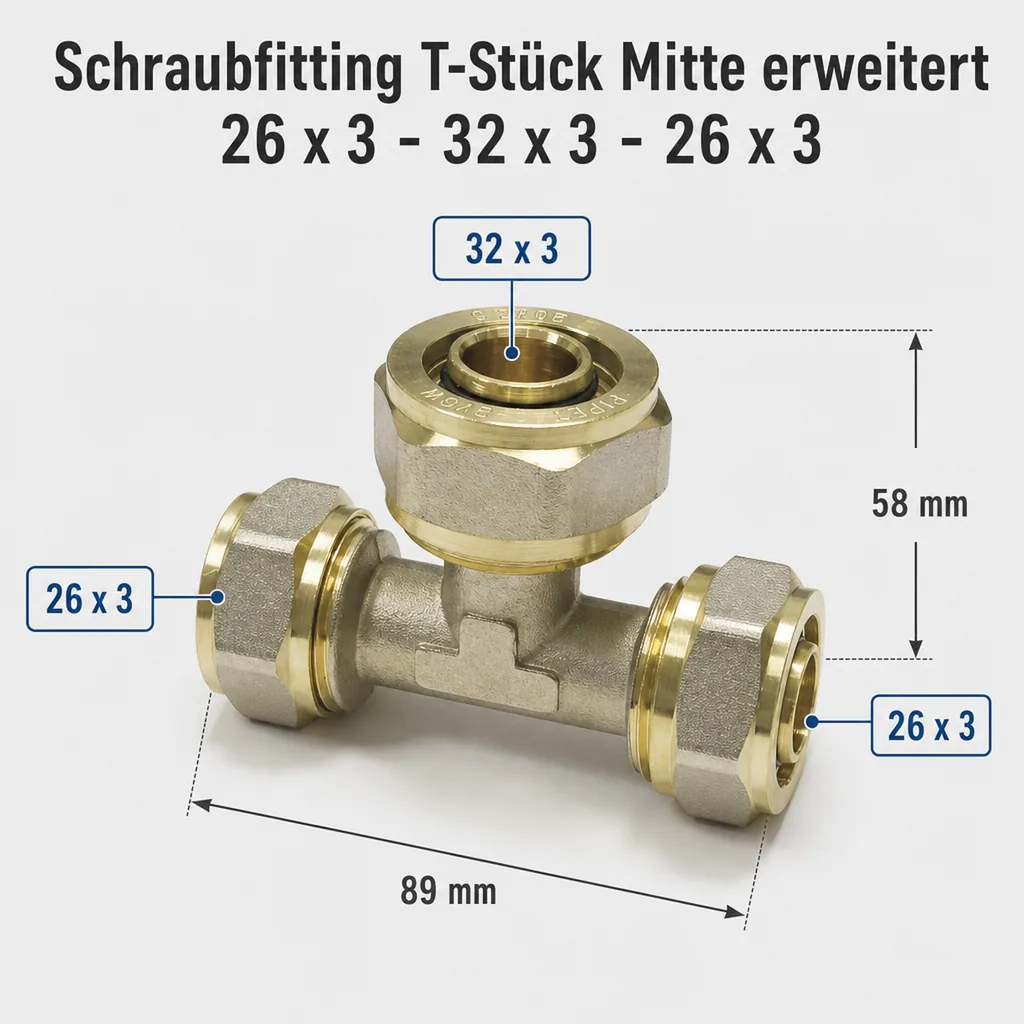 Schraubfitting T-Stück Mitte erweitert 26 x 3 - 32 x 3 - 26 x 3