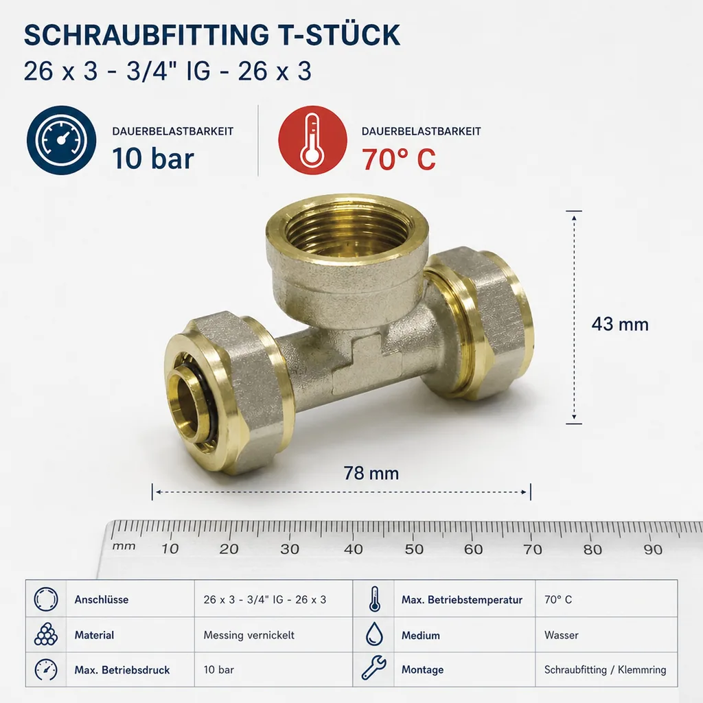 Schraubfitting T-Stück 26 x 3 - 3/4" IG - 26 x 3