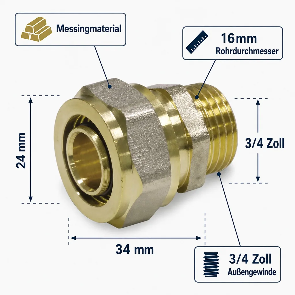 Schraubfitting, Kupplung 16mm, Fitting 3/4 Zoll AG, Verbundrohr Fitting