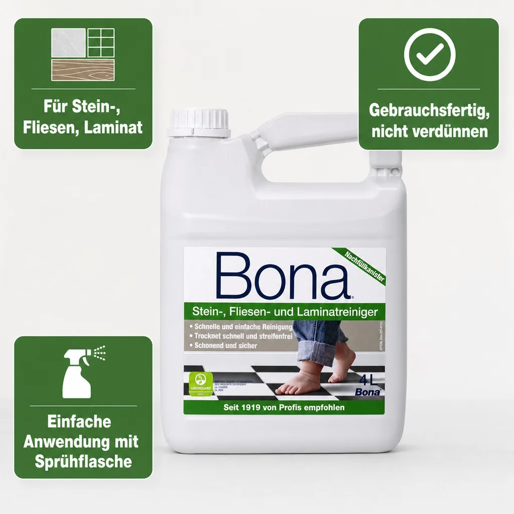 BONA Reiniger 4 Liter Stein- Fliesen - und Laminat Nachfüllkanister für Spray Mopp