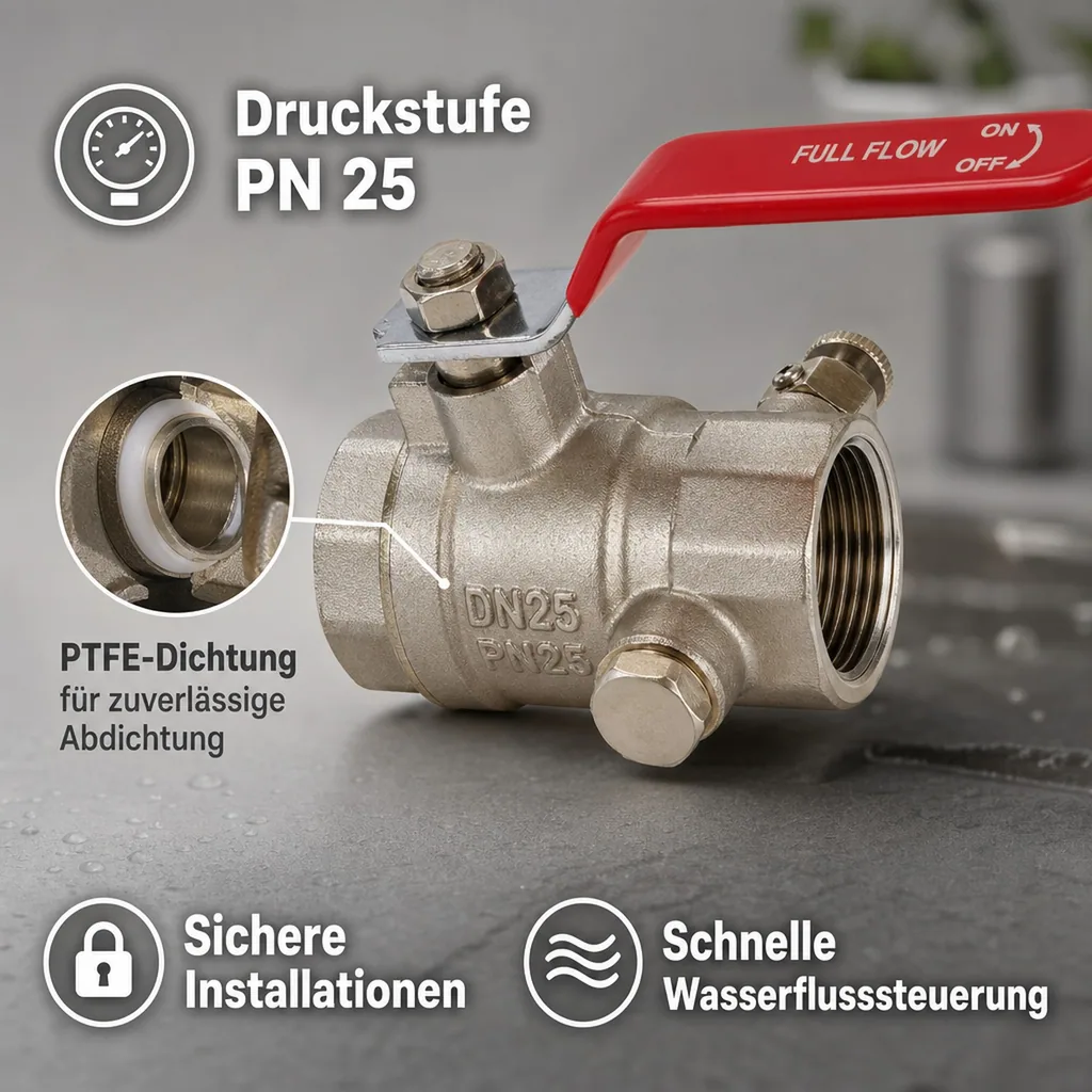 Kugelhahn 1/2 Zoll mit Entleerung, Messing, Hebel