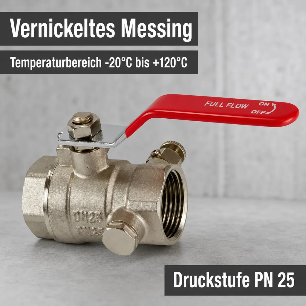 Kugelhahn 3/4 Zoll mit Entleerung, Messing, Hebel Kugelhahn