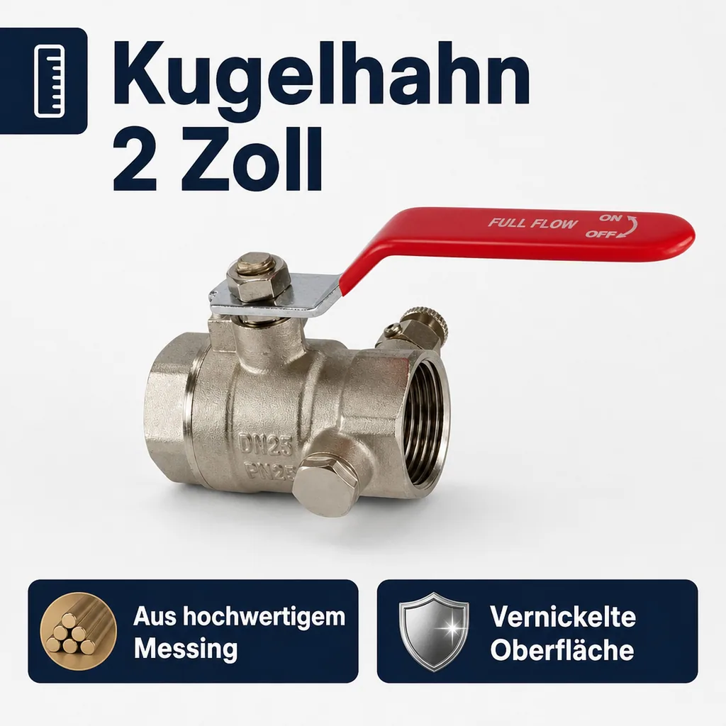 Kugelhahn 2 Zoll, mit Entleerung, Messing, Hebel