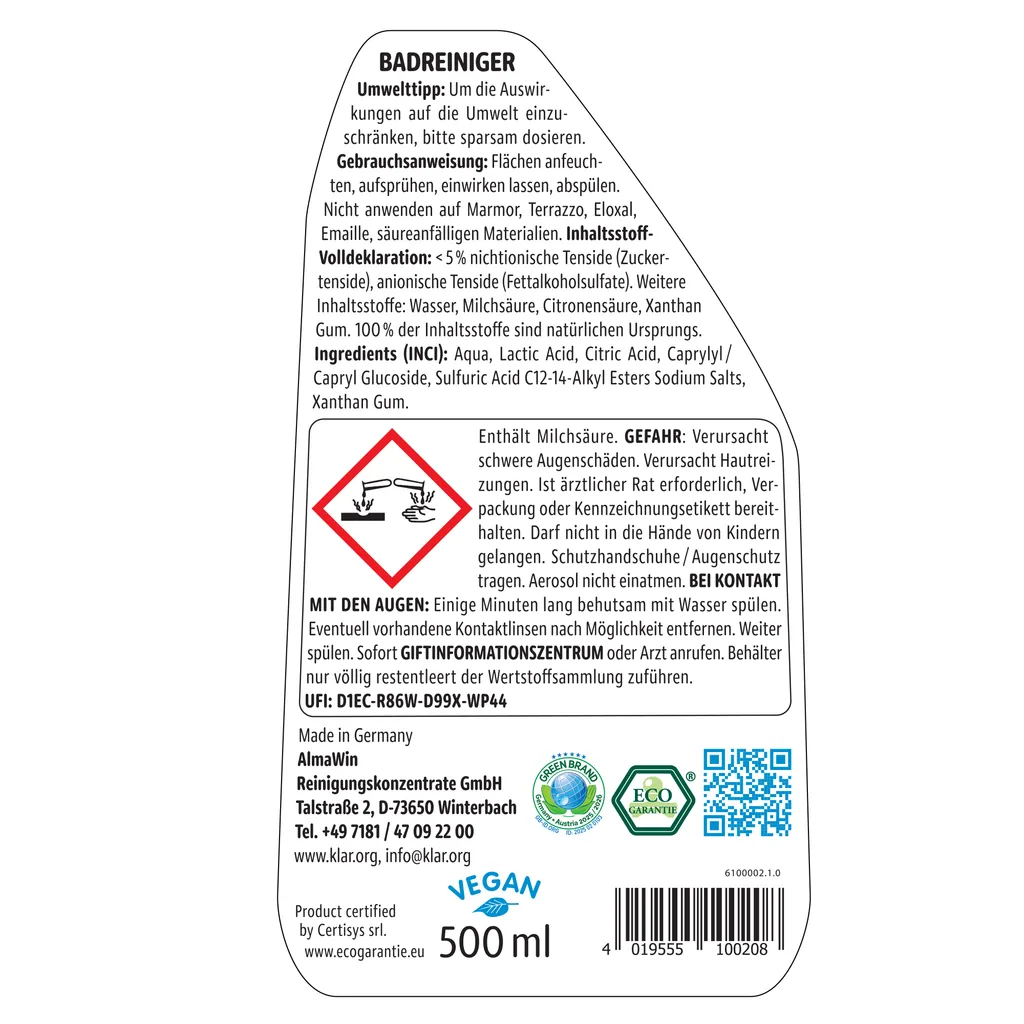 KLAR Badreiniger parfümfrei 500ml ohne Duft mit Schaumsprayer