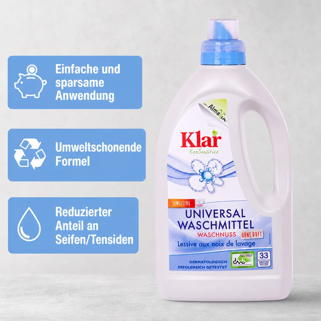 KLAR Universal Waschmittel Waschnuss flüssig 1,5 Liter für 20°C bis 95°C geeignet