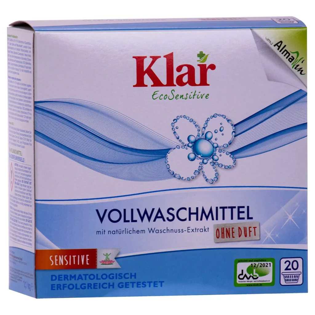 KLAR Vollwaschmittel Pulver mit natürlichem Waschnuss-Extrakt in verschiedenen Größengebinden