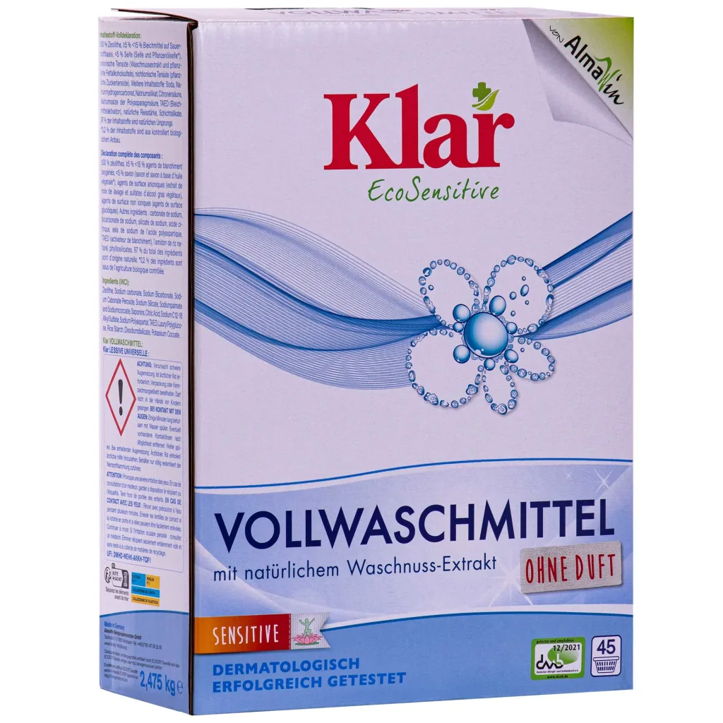 KLAR Vollwaschmittel Pulver mit natürlichem Waschnuss-Extrakt in verschiedenen Größengebinden