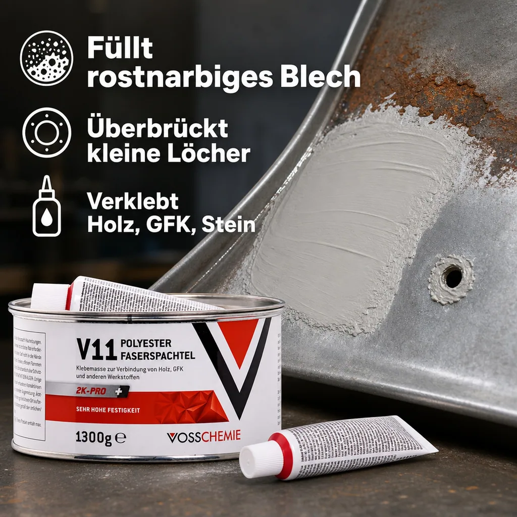 VOSSCHEMIE V11 Polyester Faserspachtel 2K-Pro 1,3 kg 1250 g Masse + 50 g BPO-Härter