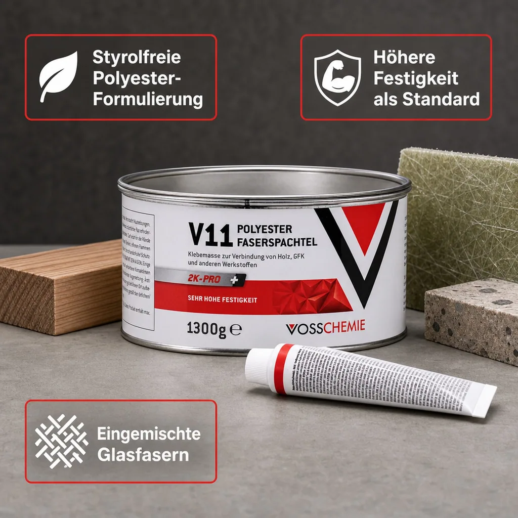 VOSSCHEMIE V11 Polyester Faserspachtel 2K-Pro 1,3 kg 1250 g Masse + 50 g BPO-Härter