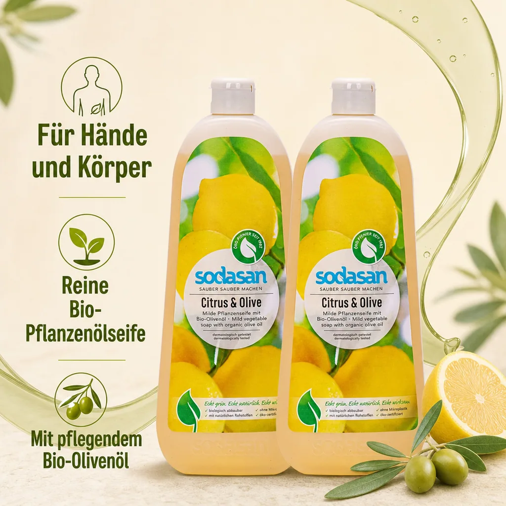 SODASAN Flüssigseife Liquid Citrus-Olive 2 x 1 Liter
