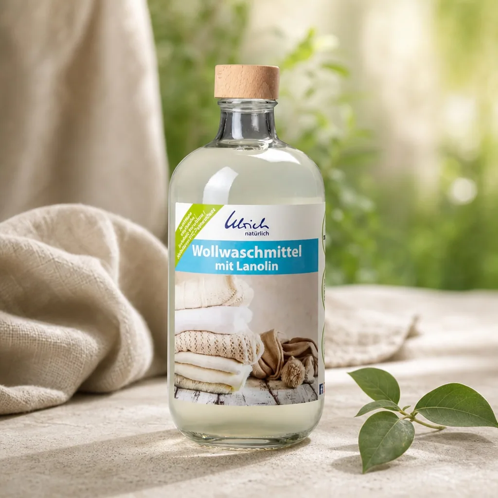 ULRICH natürlich Wollwaschmittel mit Lanolin 500 ml in der Glasflasche mit Echtholz-Verschluss