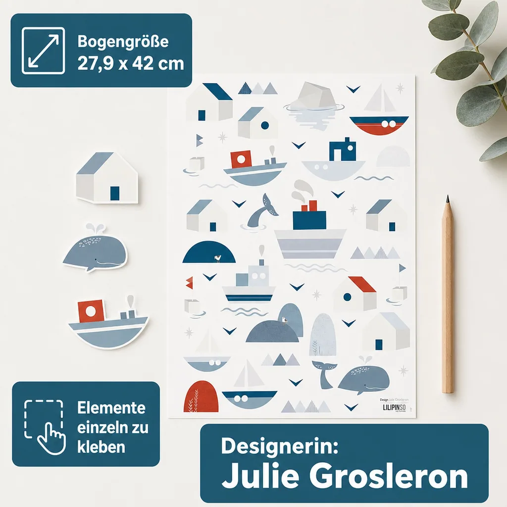 Lilipinso Wandsticker A3 Schiffe Häuser und Wale grau blau rot