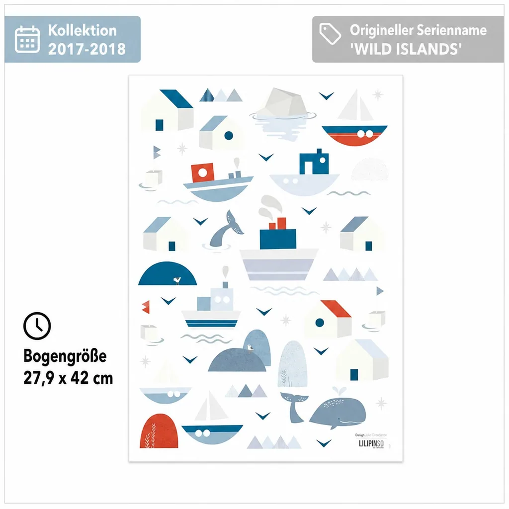Lilipinso Wandsticker A3 Schiffe Häuser und Wale grau blau rot