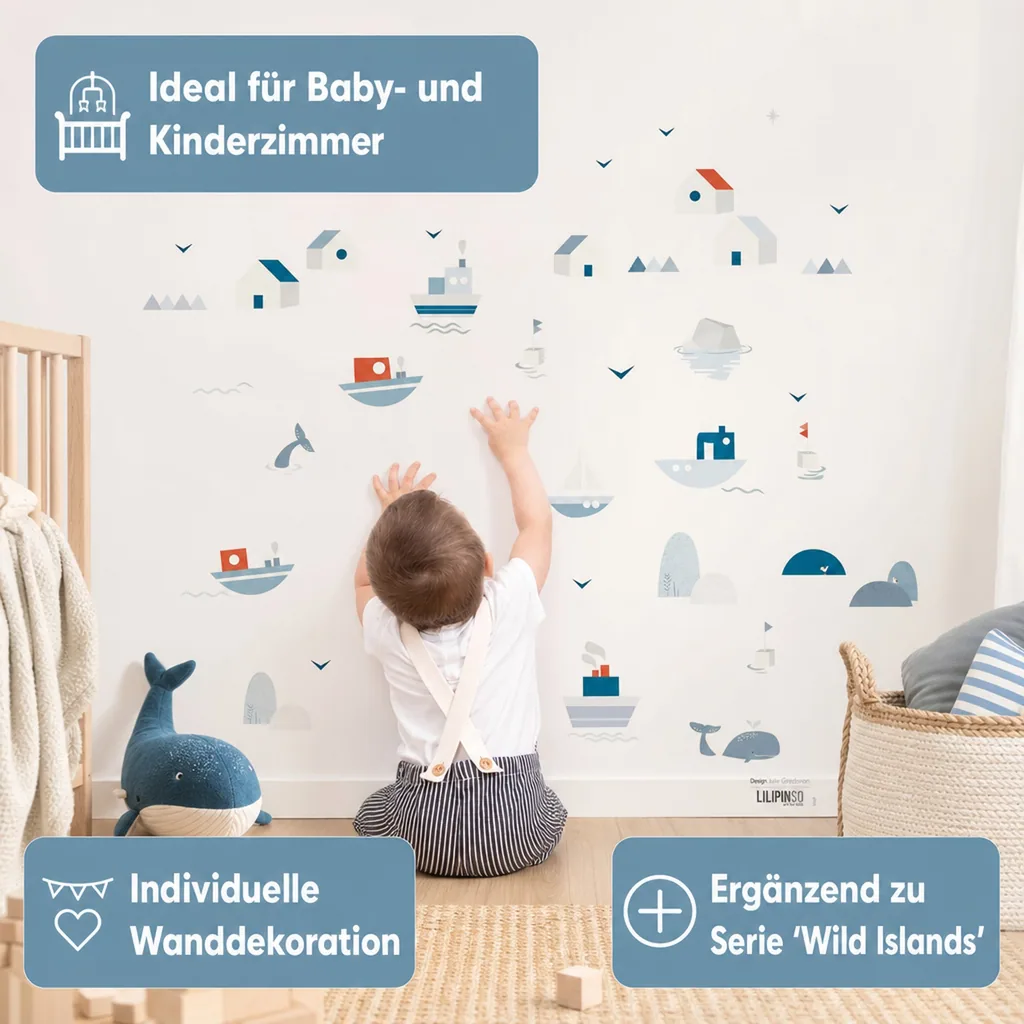 Lilipinso Wandsticker A3 Schiffe Häuser und Wale grau blau rot