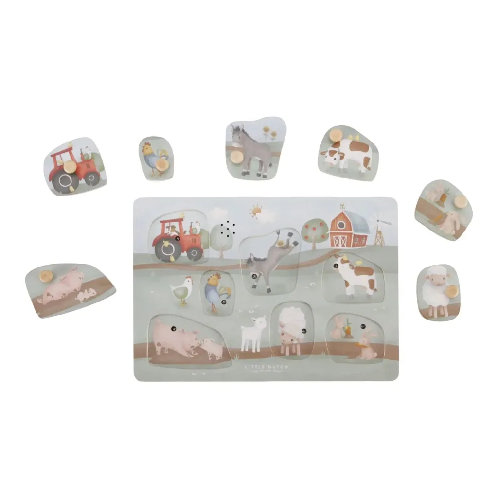 Little Dutch Holzpuzzle, Kinderpuzzle, Soundpuzzle Little Farm - Lernspielzeug mit Tiergeräuschen für Kinder ab 12 Monaten