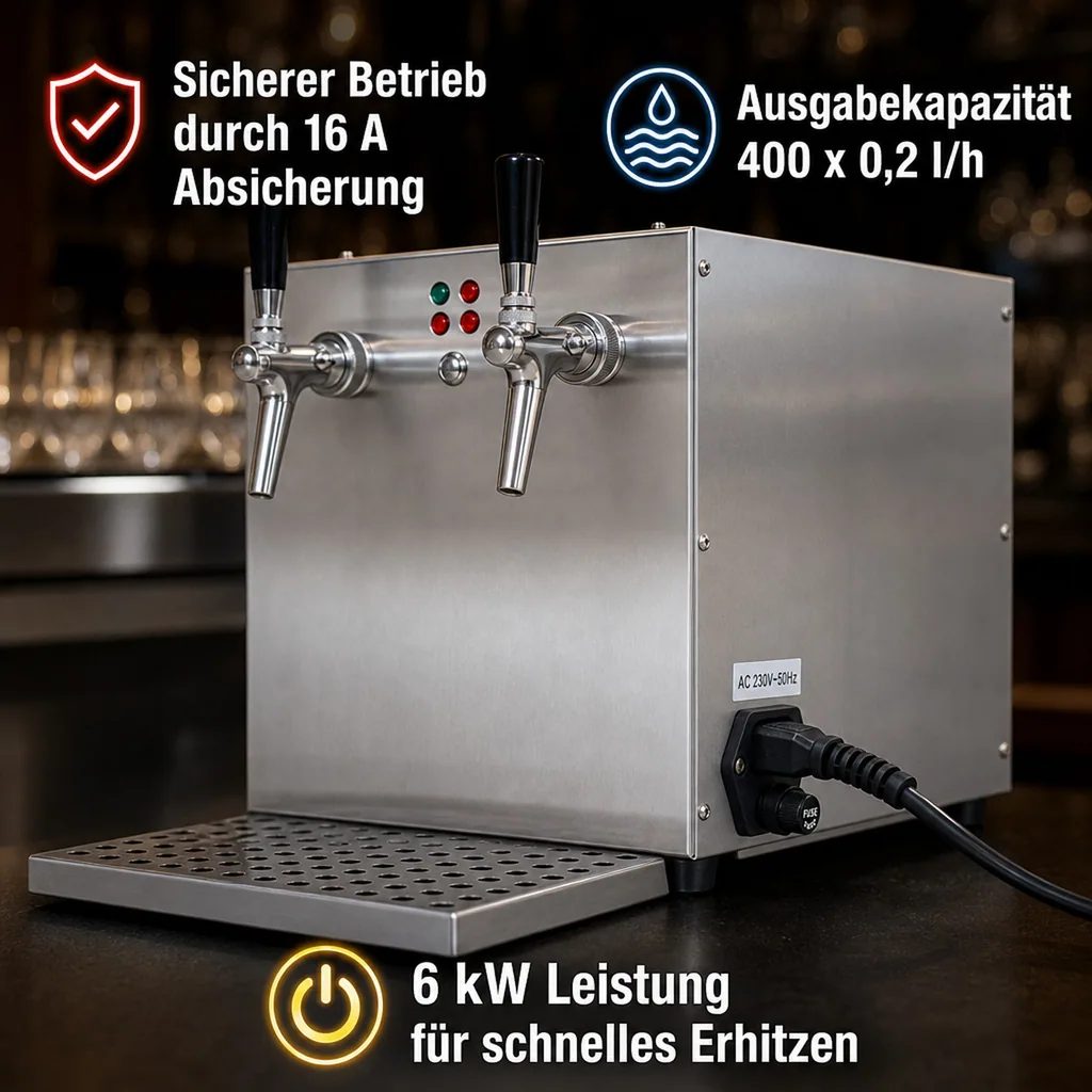 Glühweinzapfanlage, Getränke durchlauferhitzer - mit integriertem Luftkompressor, Edelstahl, 2-leitig 6kW