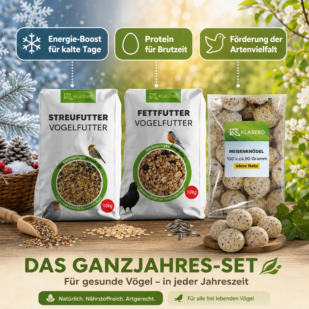 Vogelfutter Ganzjahres Set: Streufutter 10kg, Fettfutter 10kg, Insektenfettbällchen 100 Stk. ohne Netz