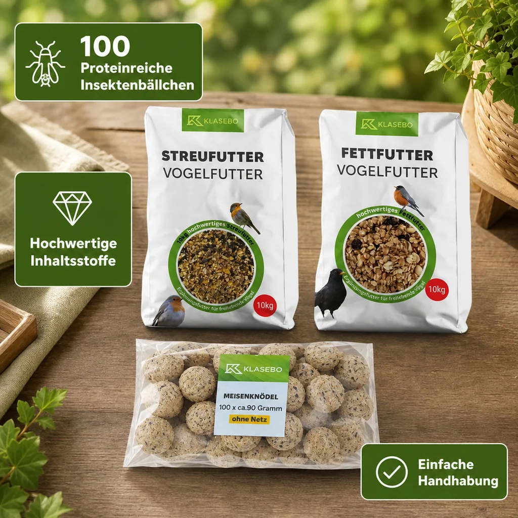 Vogelfutter Ganzjahres Set: Streufutter 10kg, Fettfutter 10kg, Insektenfettbällchen 100 Stk. ohne Netz