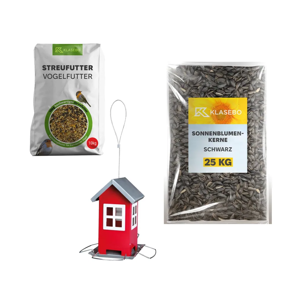 Vogelfutter Starter Set: Streufutter Wildvögel 10 kg, Sonnenblumenkerne 25 kg, Futterhaus rot 1 Stk.