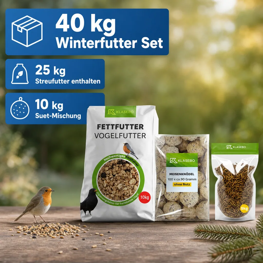 Set Wildvogel Winterfutter 40kg – Streufutter 25kg, getrocknete Schwarze Soldatenfliegenlarven 5kg, Hochenergie Suet-Mischung 10kg