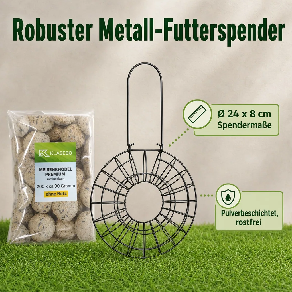 Meisenknödel Set: 200 Stk.  90g mit Insekten & Mehlwürmern + Robuster Metall-Futterspender