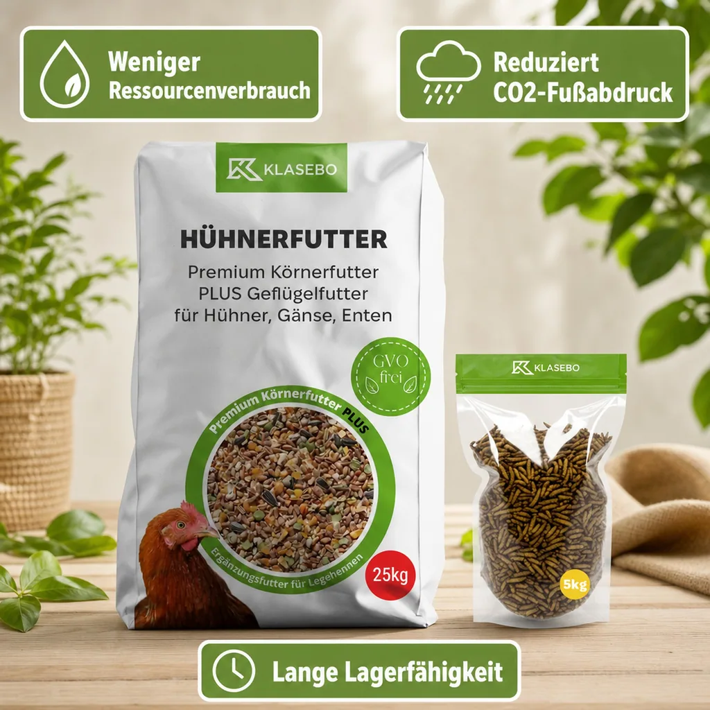 Set Hühnerfutter mit Insekten 30kg - Premium Geflügelfutter 25kg, Getrocknete Schwarzkopfmaden 5kg