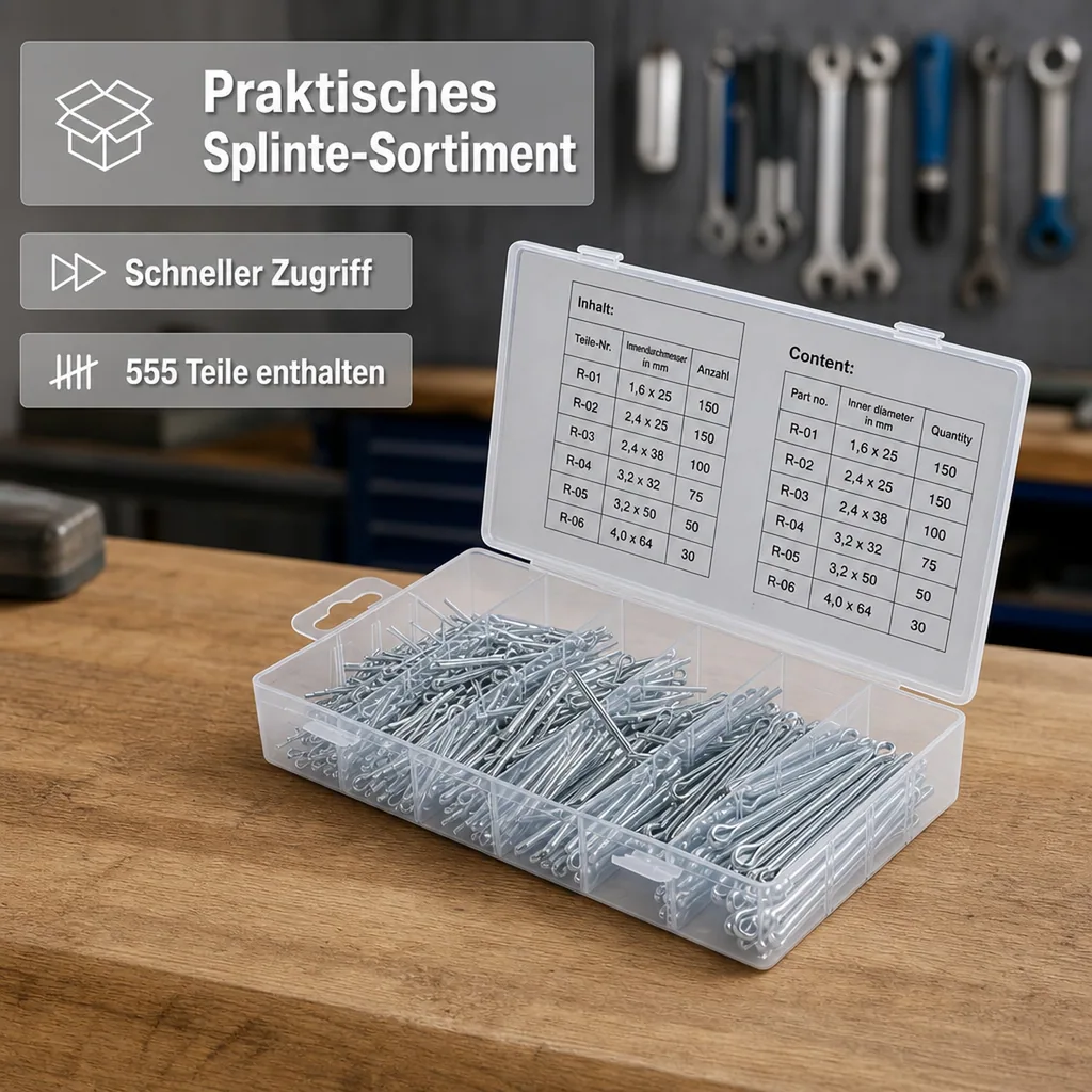 Splinte-Sortiment, 1,6 - 4,0 mm, 555-tlg.