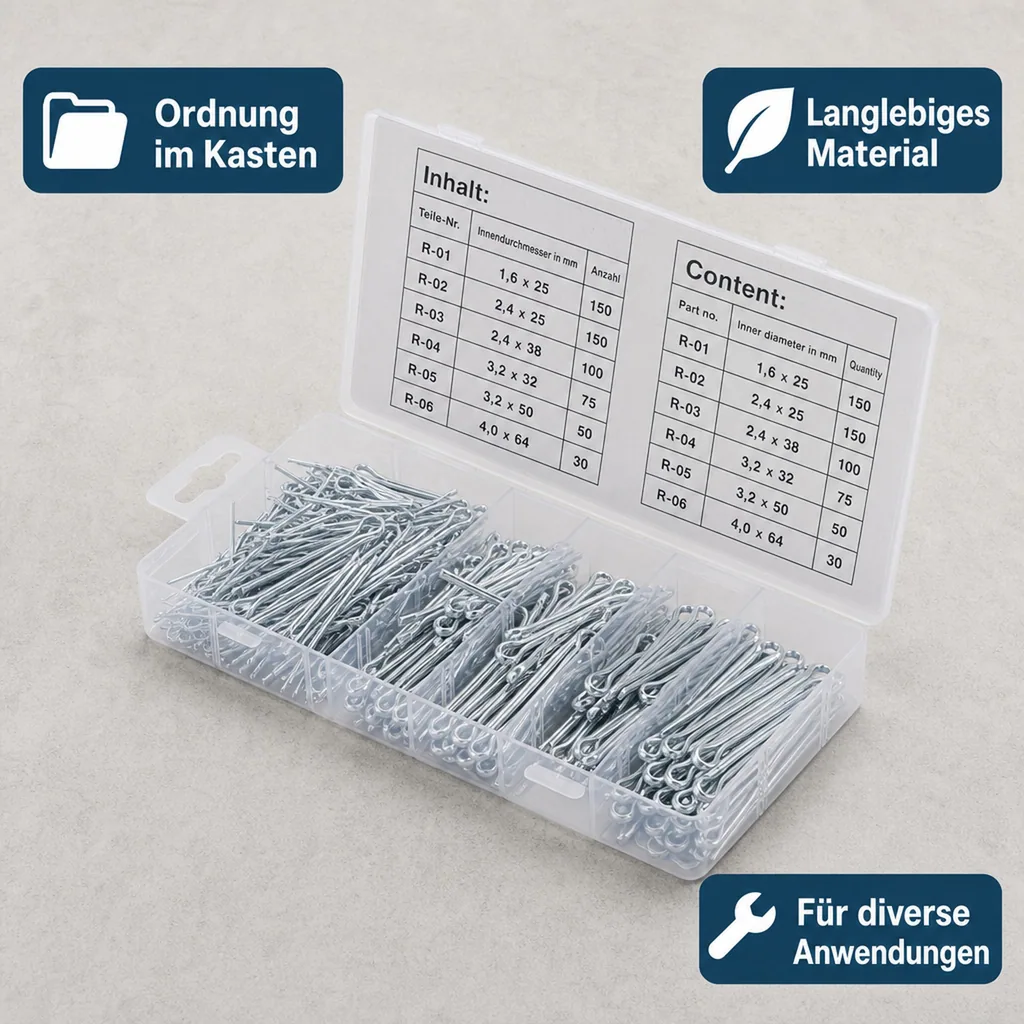 Splinte-Sortiment, 1,6 - 4,0 mm, 555-tlg.