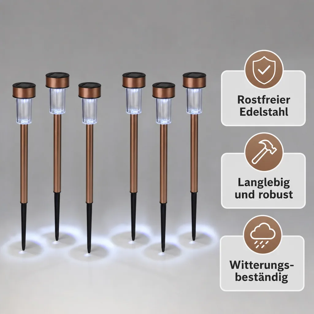 Solar Leuchten aus Edelstahl in Kupferoptik - 6er Set