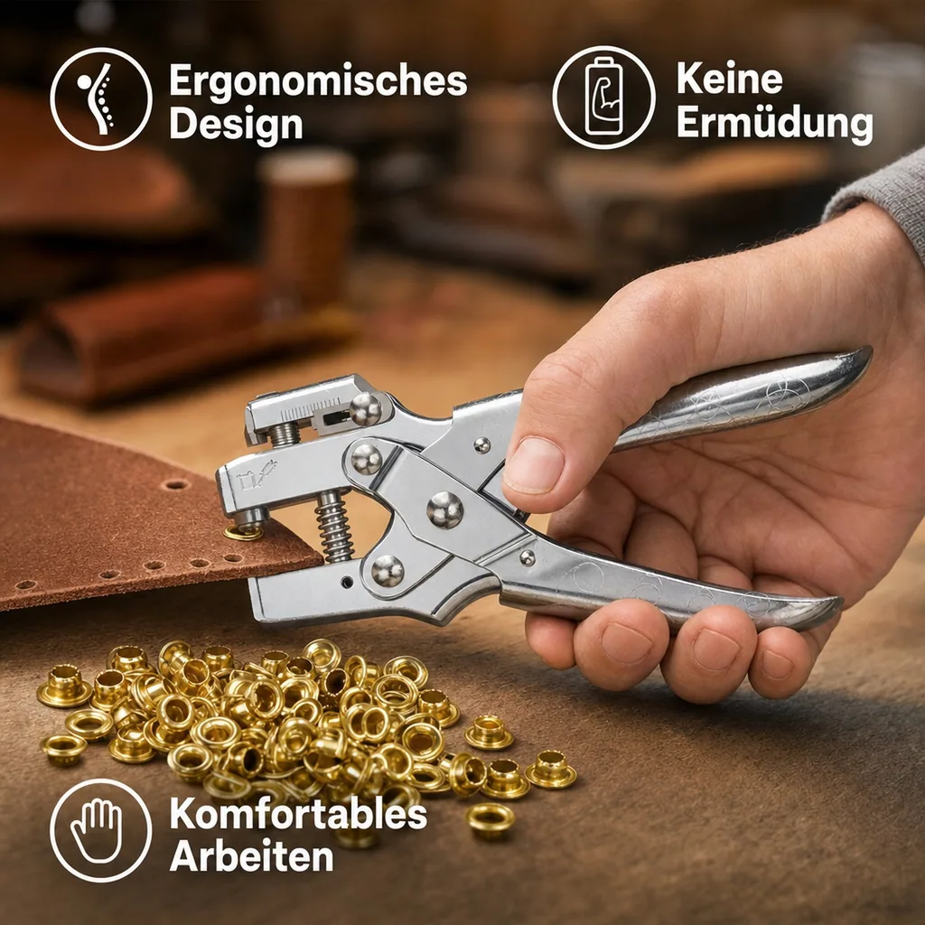 Profi Ösenzange, mit 100 Ösen goldfarbig