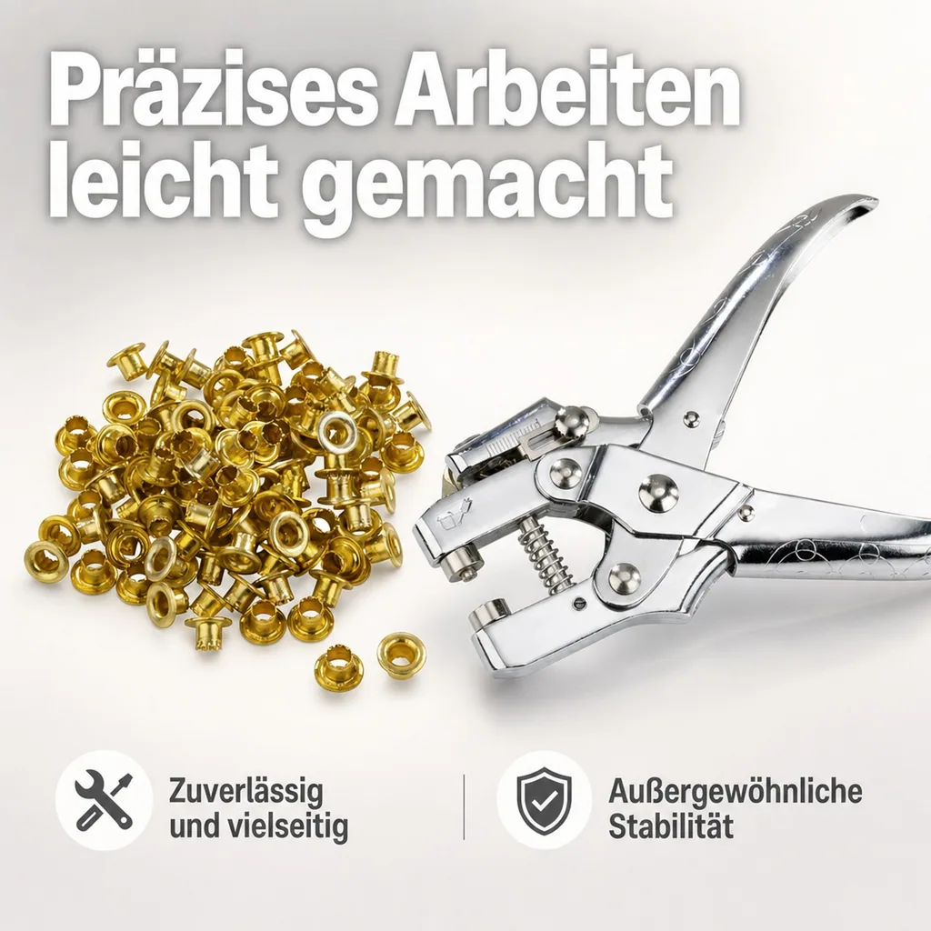 Profi Ösenzange, mit 100 Ösen goldfarbig