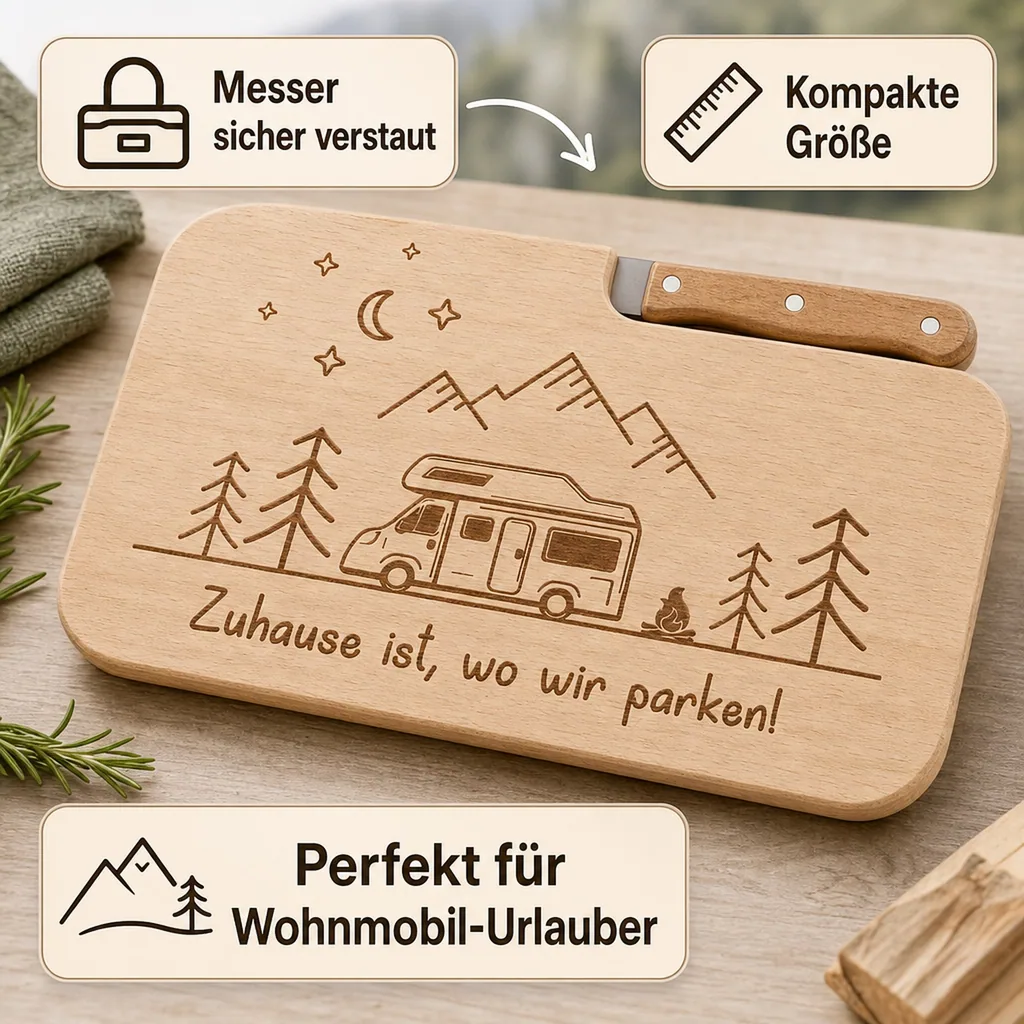 Schneidebrett "Camping" mit Messer