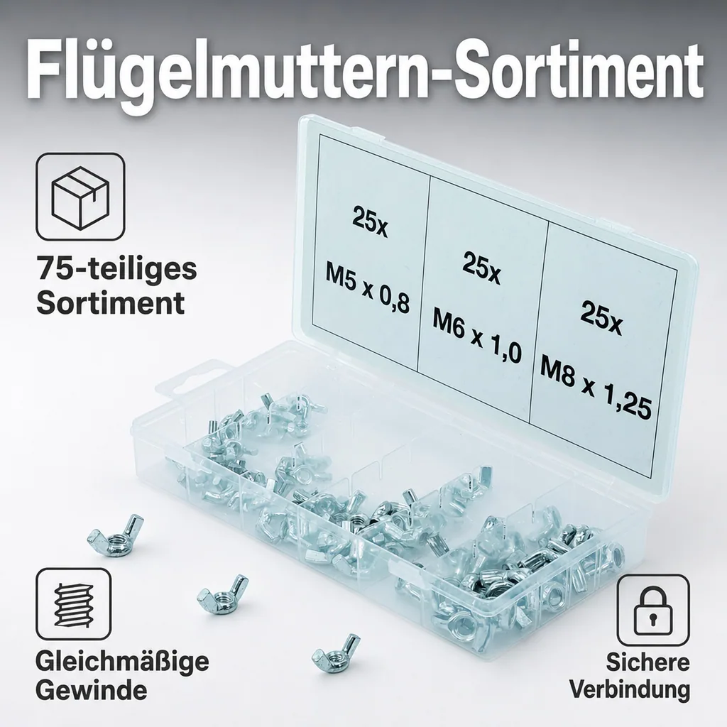 Flügelmuttern-Sortiment, 75-tlg.