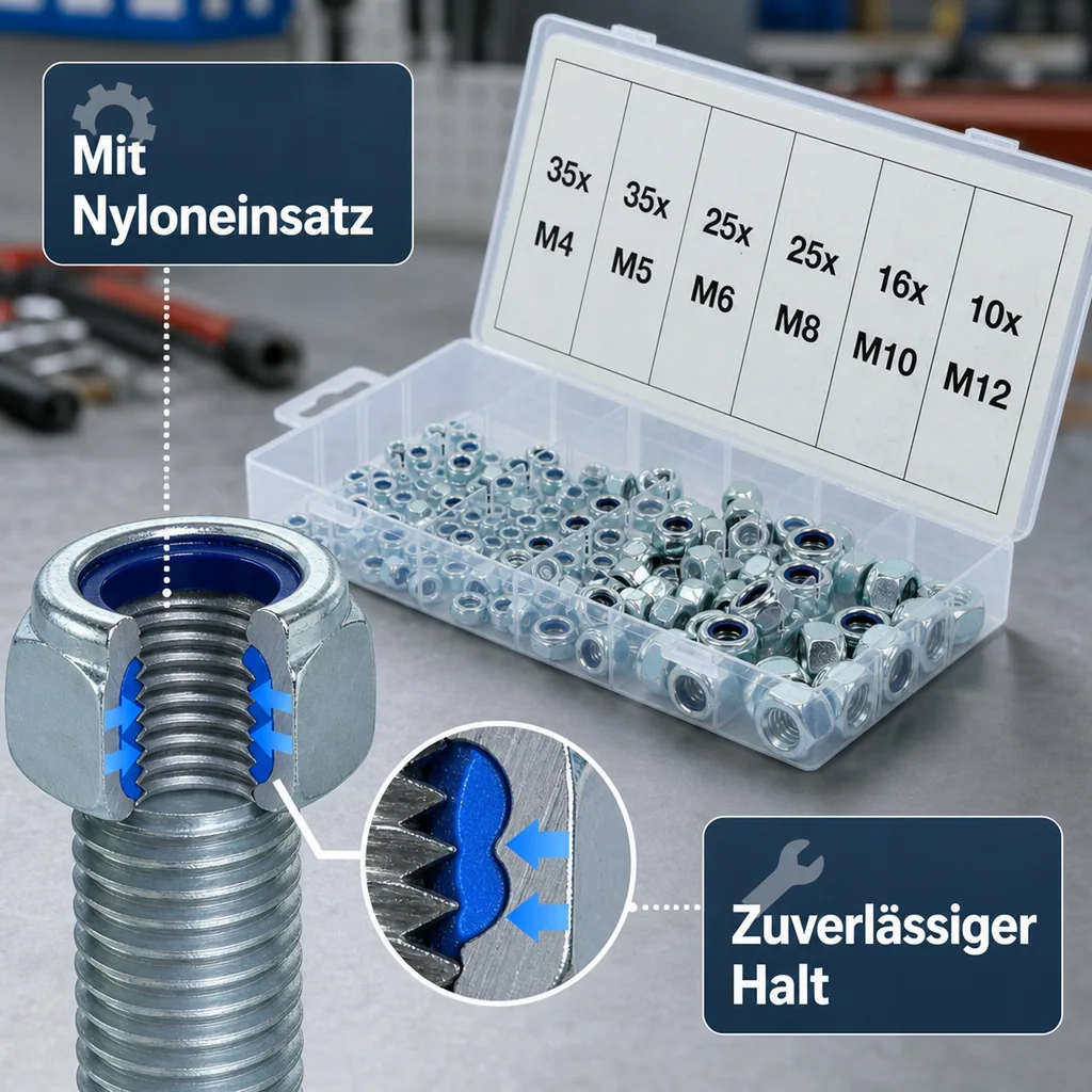 Sechskant-Muttern-Sortiment, selbstsichernd, 146-tlg.