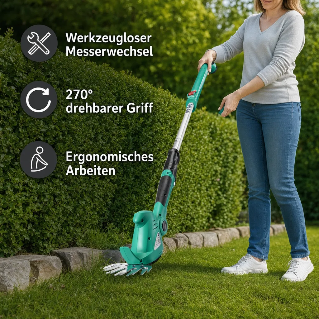 4in1 Akku Gras- & Strauchscheren Set, 10,8 Volt mit Fahrstock