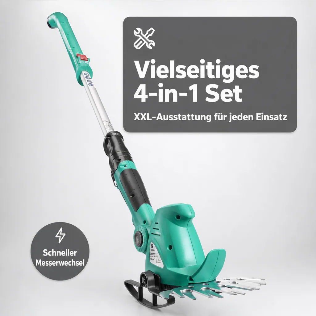 4in1 Akku Gras- & Strauchscheren Set, 10,8 Volt mit Fahrstock