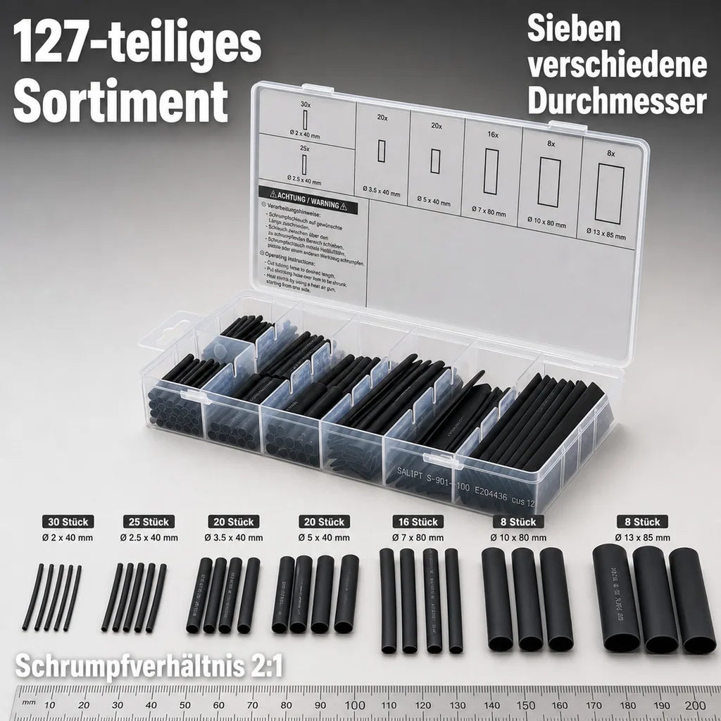Schrumpfschlauch-Sortiment, schwarz, 127-tlg.
