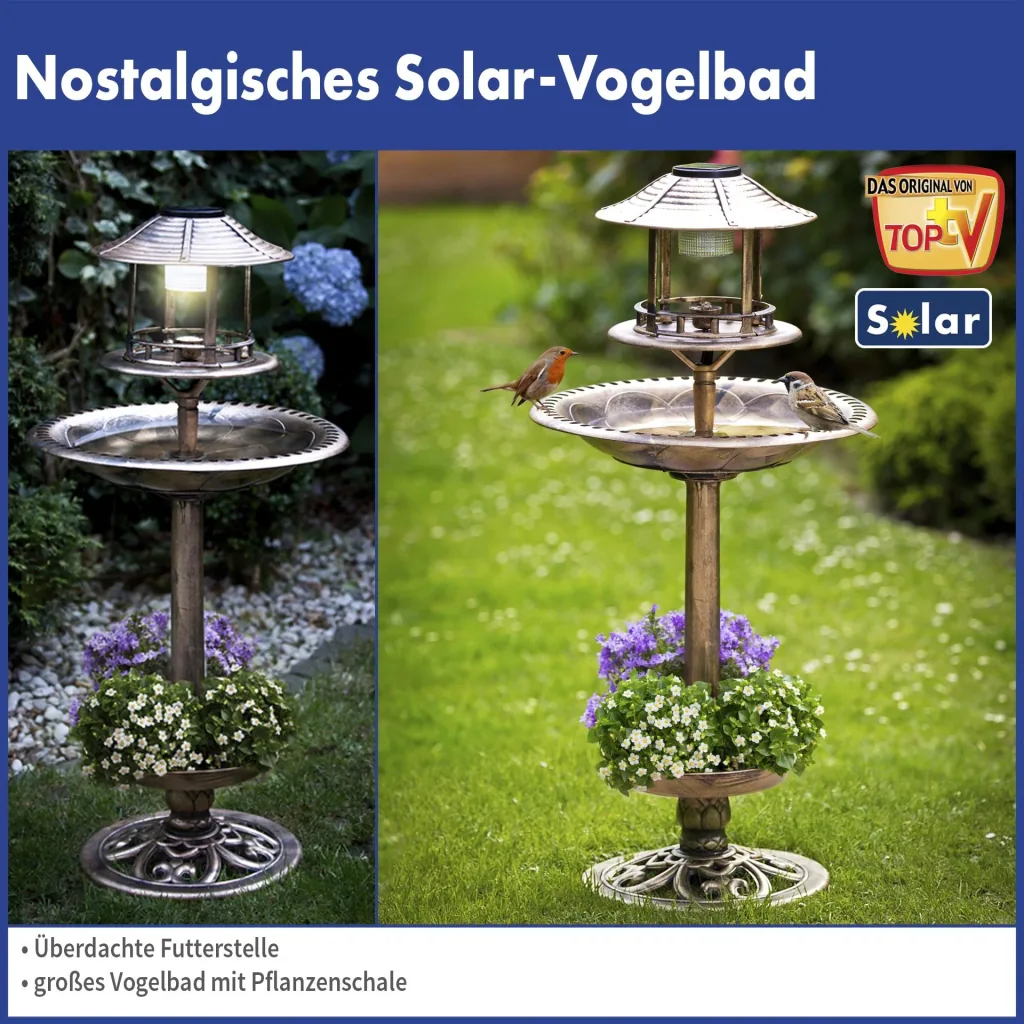 Solar-Vogelbad mit Pflanzschale, bronze
