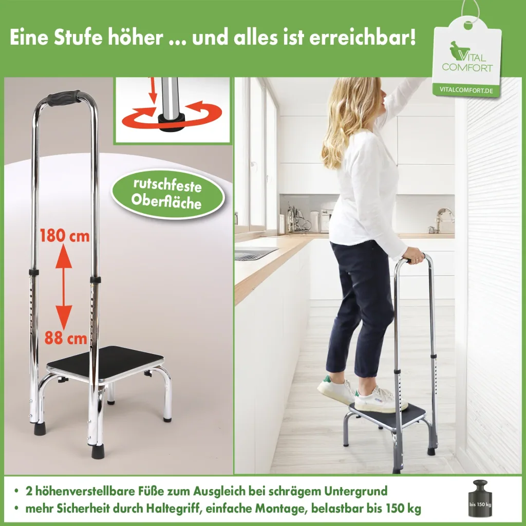 Trittstufe mit höhenverstellbarem Haltegriff, chrom, 88 - 108 cm