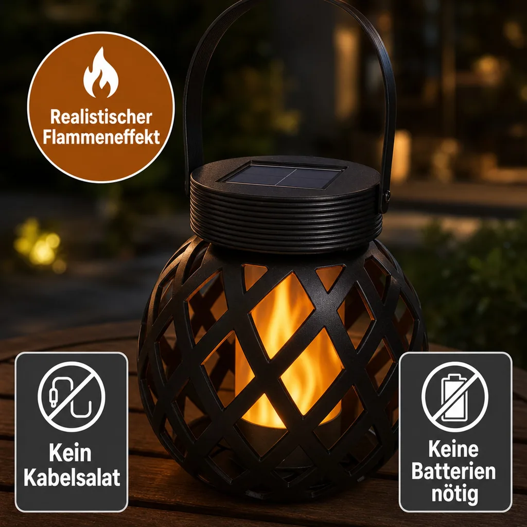 Solar LED Tischlaterne, Raute mit Flammeneffekt