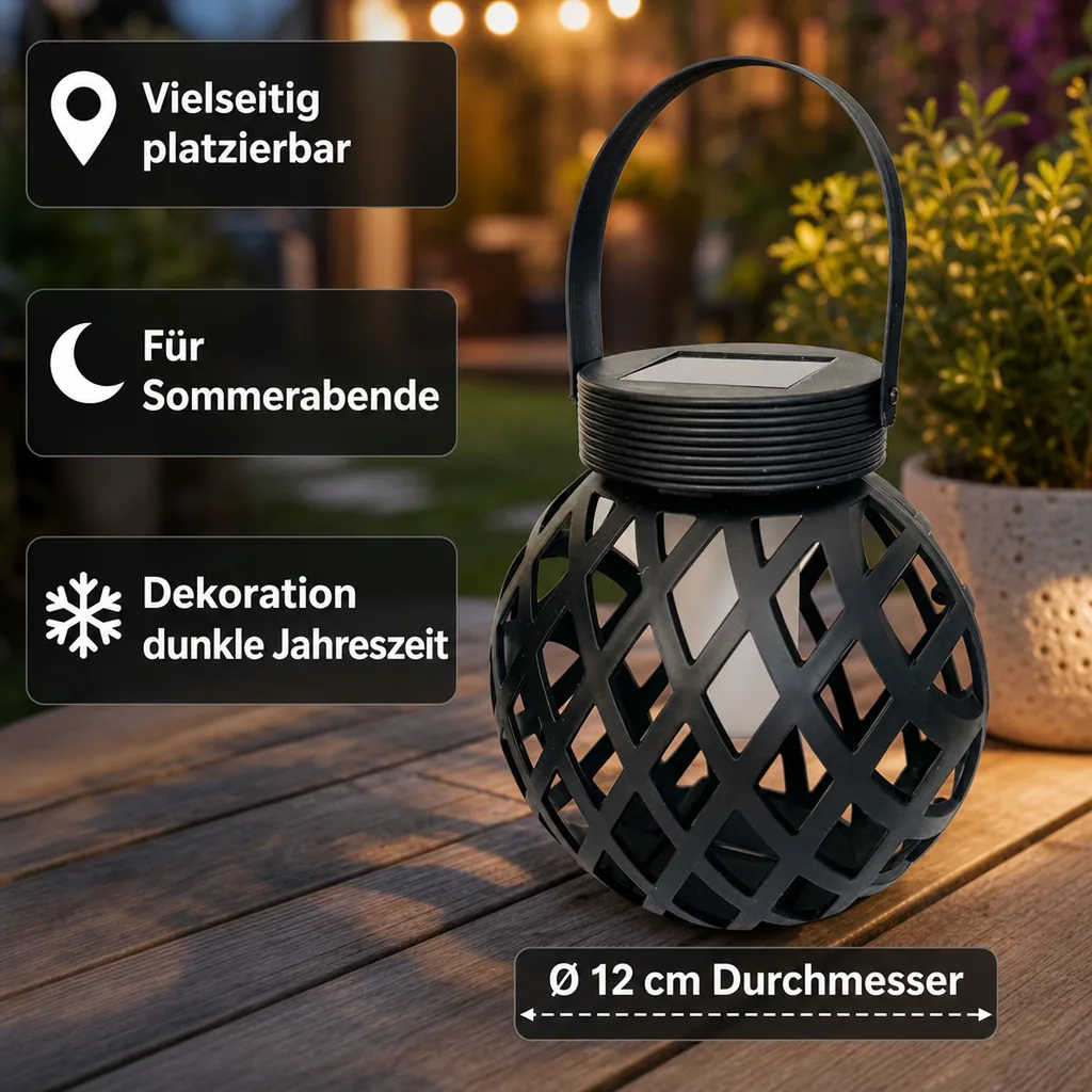 Solar LED Tischlaterne, Raute mit Flammeneffekt