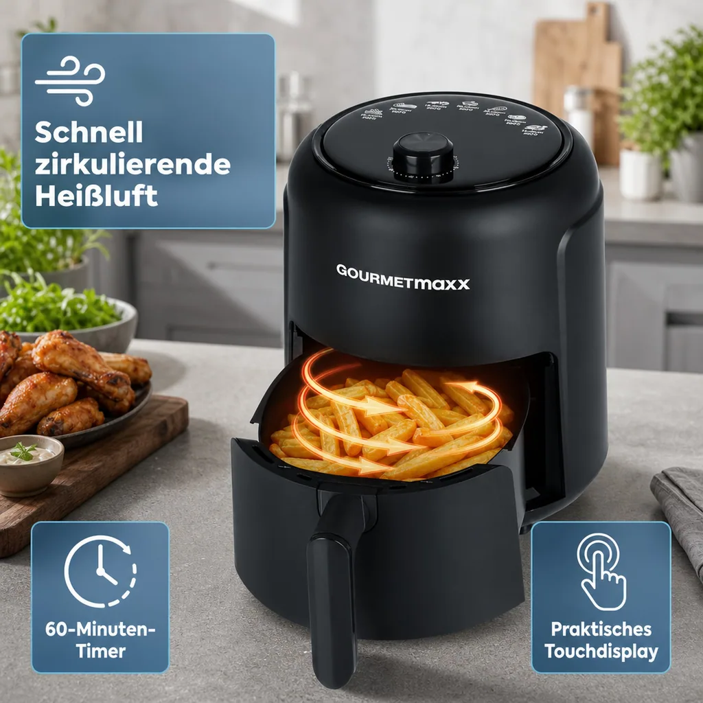 Heißluft-Fritteuse, 2,3 l, 1000 Watt, schwarz