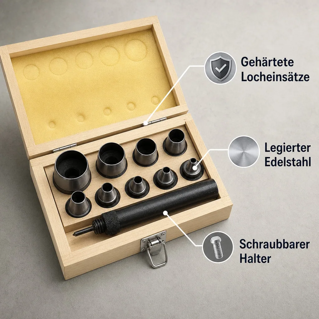 Locheisensatz in Holzbox, 10-teilig