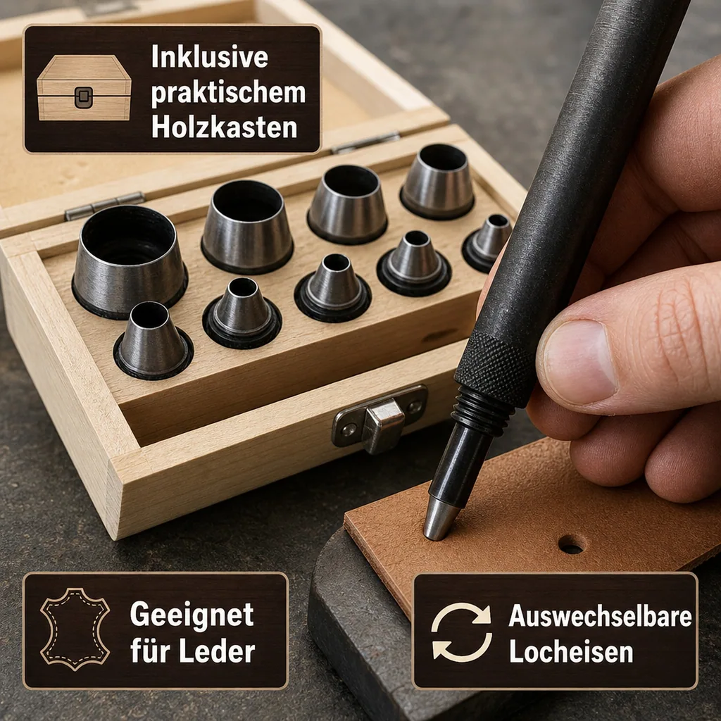 Locheisensatz in Holzbox, 10-teilig