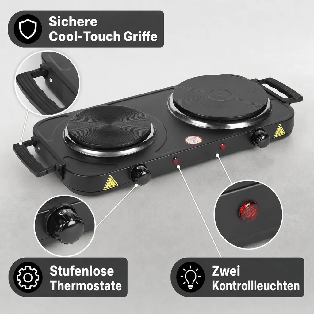 Doppelkochplatte 2000 Watt, schwarz
